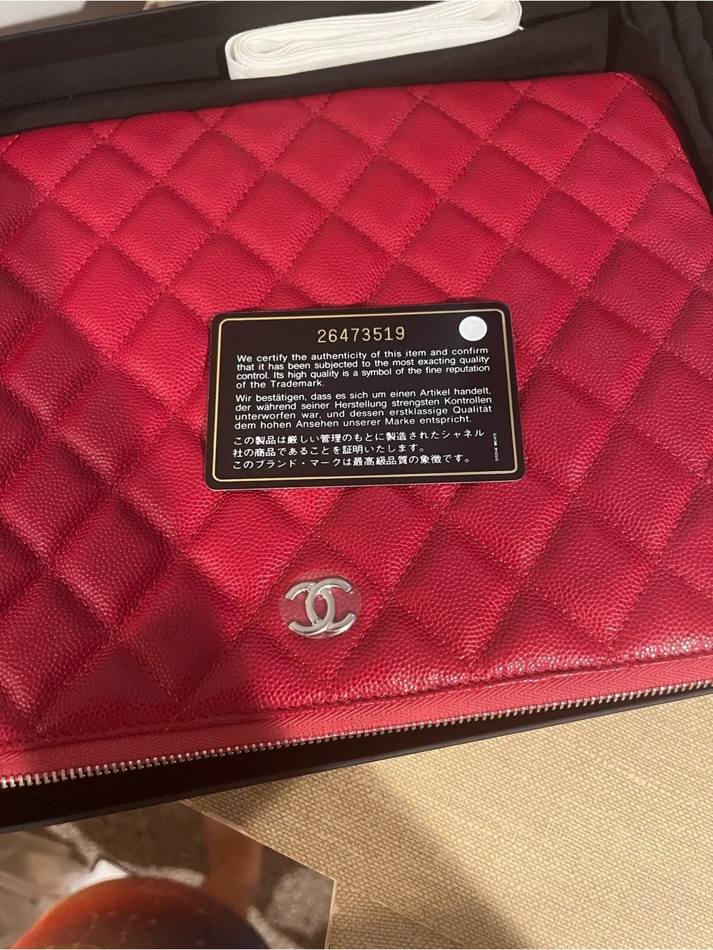CHANEL Red Quilted Leather Zip Pouch with Silver CC